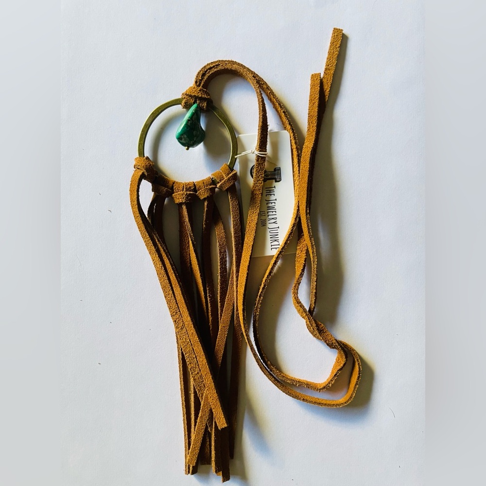 NWT Jewelry Junkie Chunky turquoise Necklace with leather  Fringe Tassle